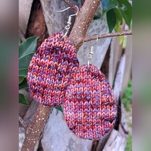 Teardrop Knit Earrings Puple Red Hand Dyed Yarn Floral Cotton